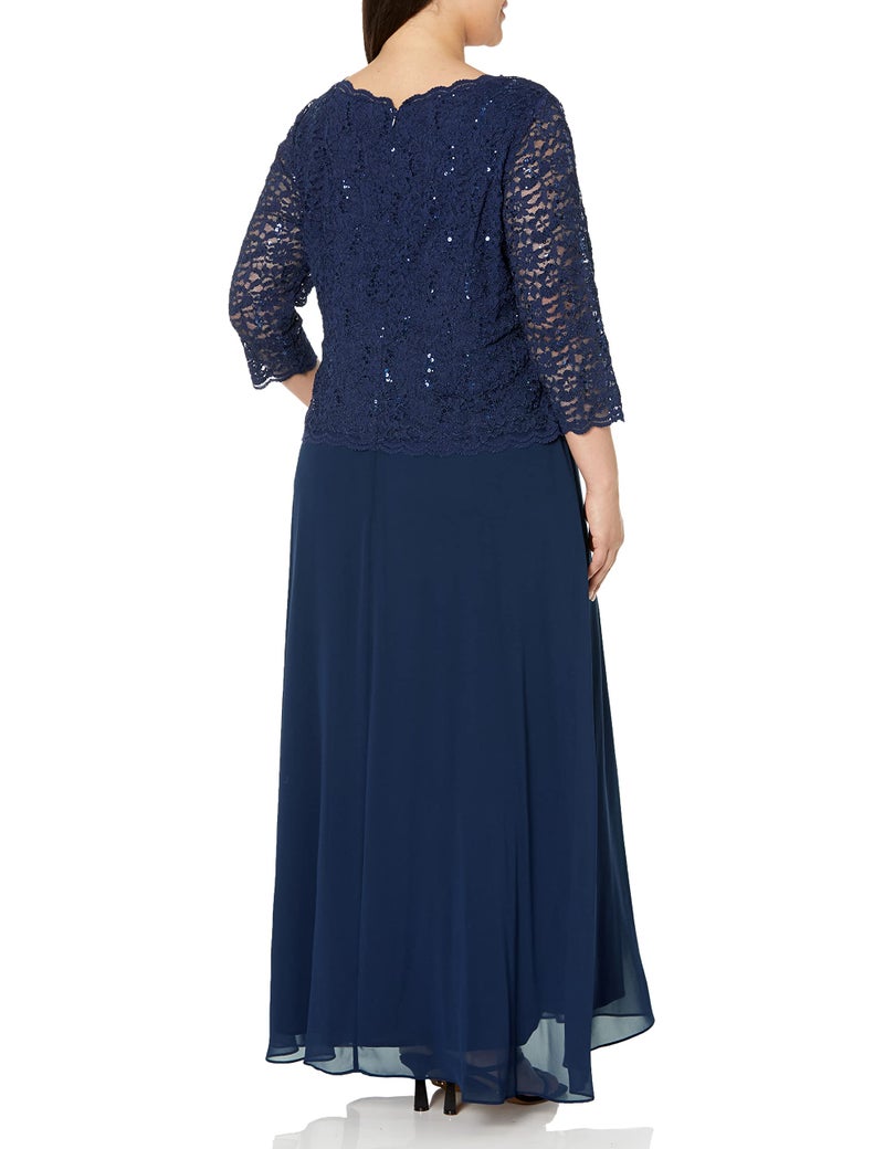 Alex Evenings Women's Plus Size Stretch Lace Bodice Mock One Piece Gown, Navy, 16W - Image 2